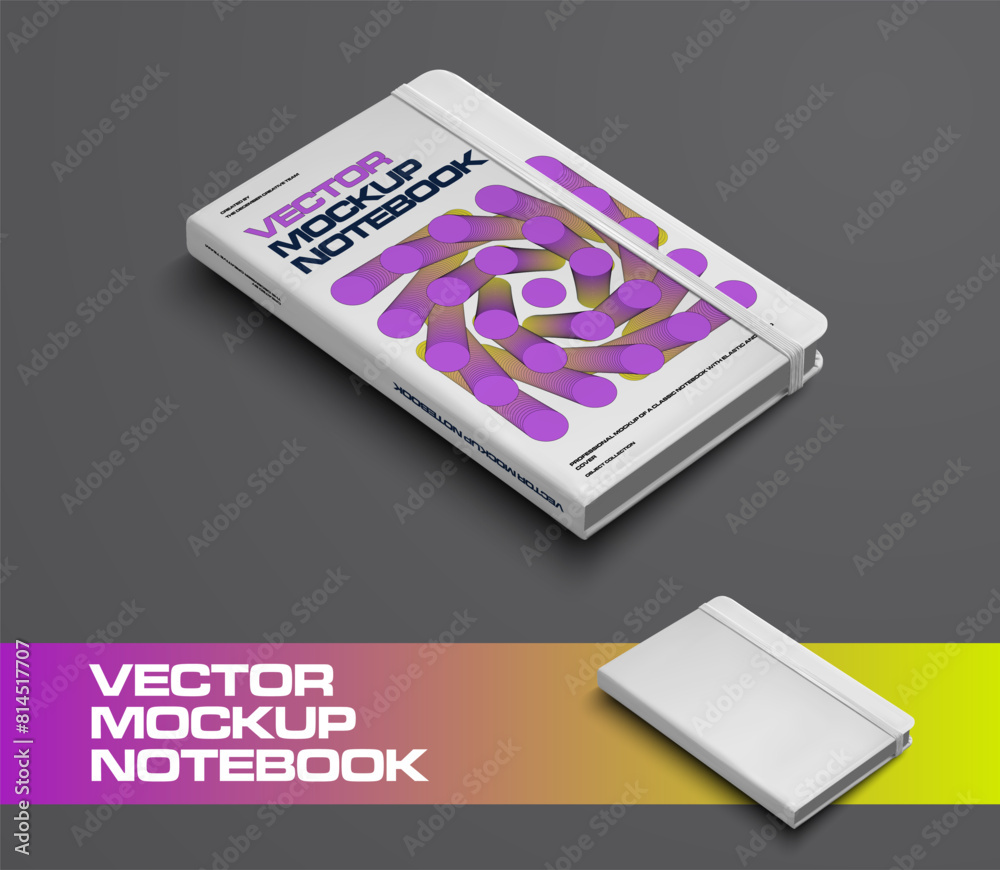 Poster mockup vector notebook with geometric illustration, diary with elastic band, hardcover for design, o