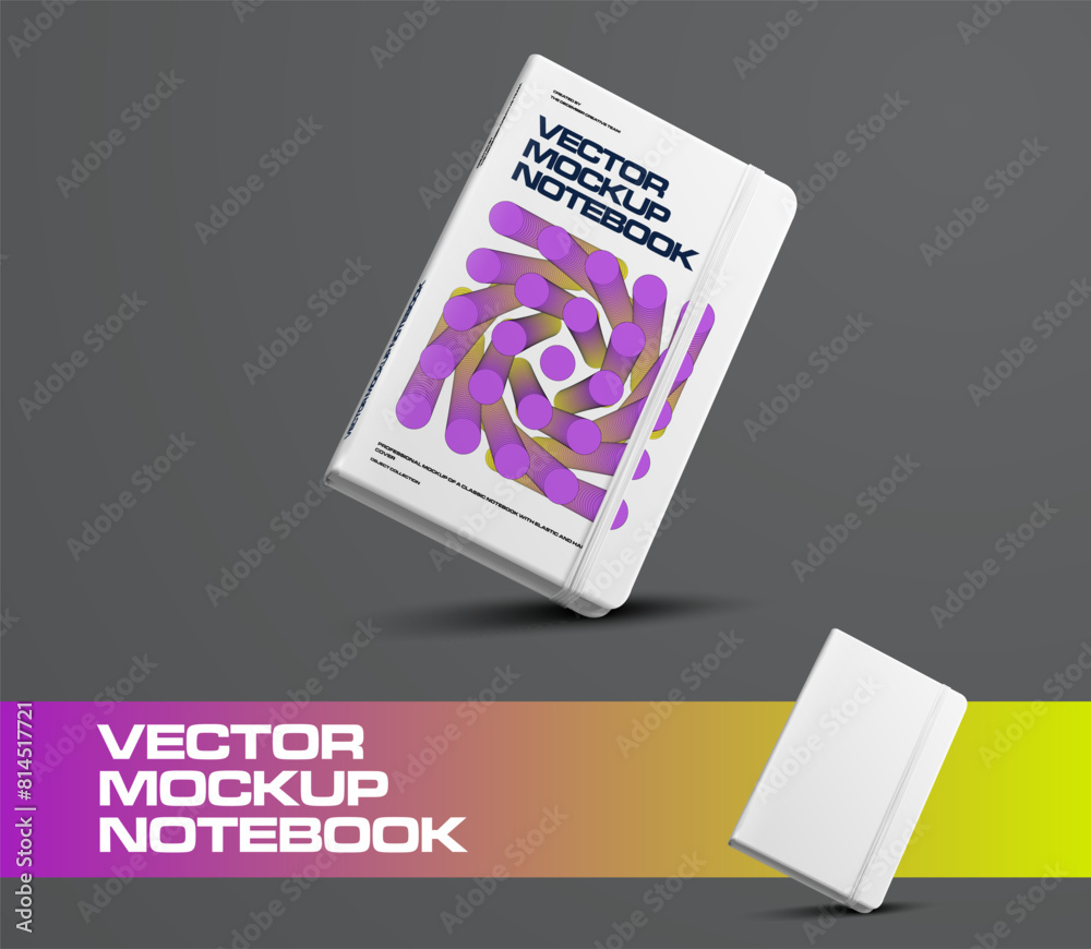 Poster Vector notebook template with elastic band, stylish diagonal presentation, gradient geometric illustration on hard cover.