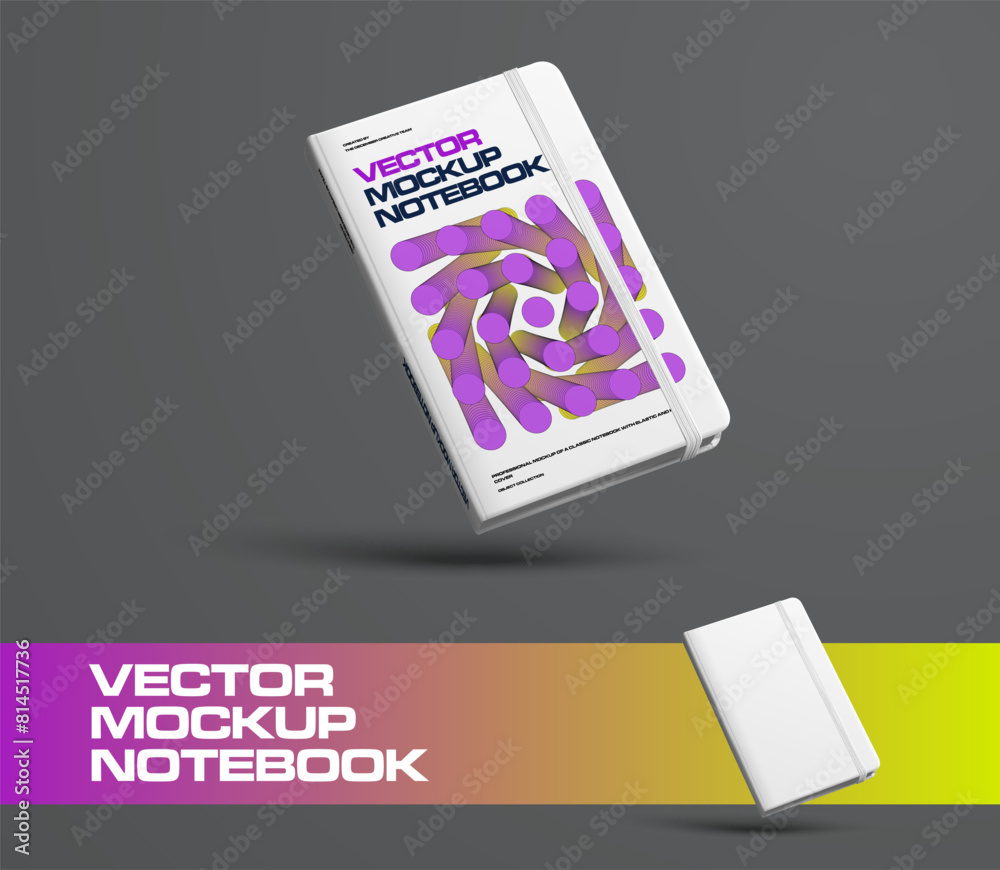 Aufkleber Vector notepad template with elastic band, notepad presentation diagonally in the air, gradient geometric illustration on hardcover.