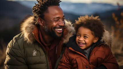 African American father and child, radiating love and happiness. Happy father's day. Warm wishes.