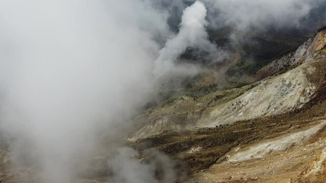 The drone view of Papandayan Mountain in Garut Regency, West Java, Indonesia. It was taken on May 14 2024 by a professional. It's an iconic mountain in this regency