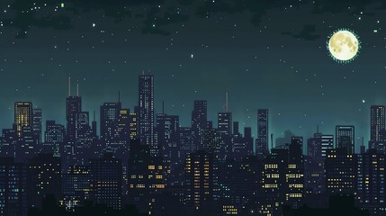 Create a pixel art image of a city at night