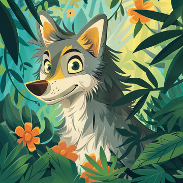 Cute illustration of Akela the wolf in the jungle