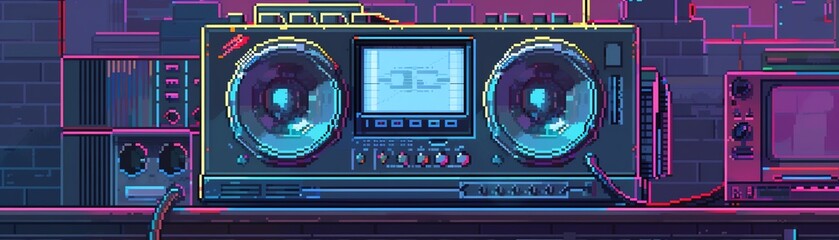 Create a pixel art illustration of a retro boombox playing a cassette tape