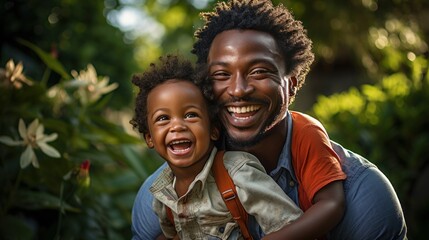 African American father and child, radiating love and happiness. Happy father's day. Warm wishes.