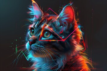 Psychedelic Cyborg Cat: Alien Elements in Desaturated Left Bust View