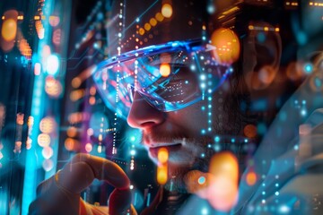 Closeup of a quantum computing scientist, working amidst complex hitech holograms in a visually rich, cinematic lab environment