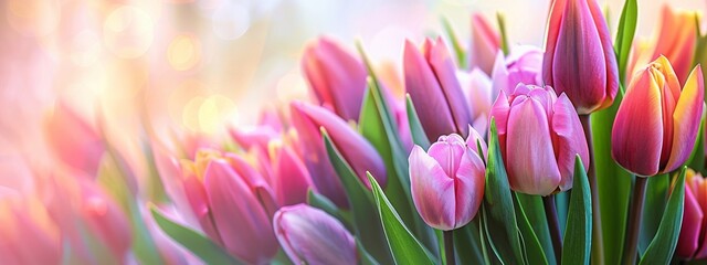 Obraz premium Beautiful floral background. Spring tulips with soft focus on a blurry background, close up. Floral horizontal background for holiday cards, spring greeting cards, banners.