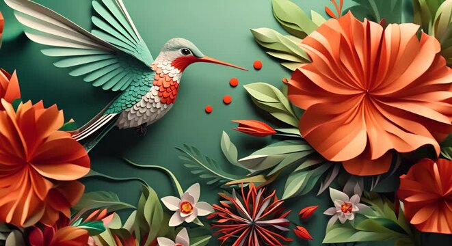 Paper-cut style illustration of a hummingbird near tropical flowers, realistic 3D minimalist design,
