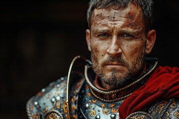 Fototapeta premium Fierce Noble Warrior: Realistic Fantasy Armor & Sword Portrait