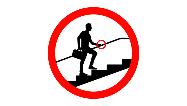 recommend clip art: stairway caution, use handrails to avoid a fall, Warning sign, black and red isolated silhouette