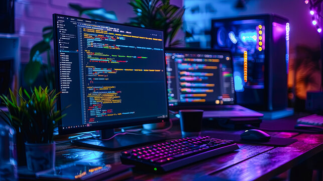 Computer program code on the table. Programmer working in a software developing company.