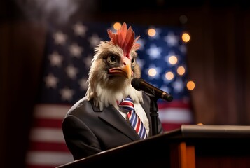 Surreal digital art of an eagle dressed in a business suit, giving a speech at a podium with an American flag background.