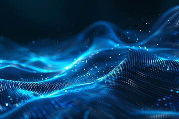 Abstract blue tech background with digital waves, network system with artificial neural connections and cyber quantum computing 