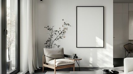 A serene Scandinavian-inspired living space with a focus on minimalist design, highlighted by a designer armchair and a black mock-up poster frame against a backdrop of clean white walls