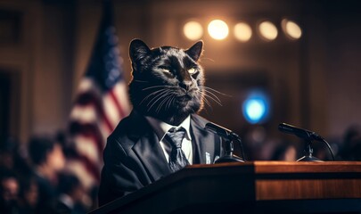 Artistic representation of a cat in a business suit, speaking at a congressional podium with an American flag in the background.