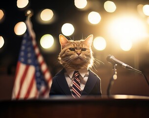 Captivating digital art of a cat dressed in a suit and tie, delivering a speech at a podium with an American flag and glowing lights behind.