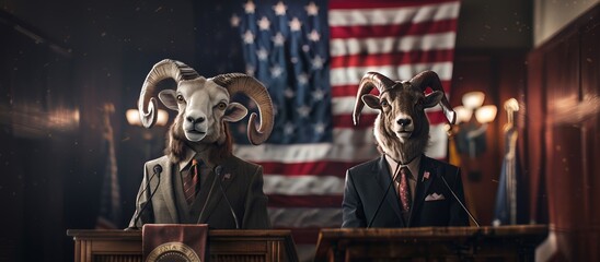 Digital art depicting two rams in business suits, engaging in a political debate with an American flag in the background.