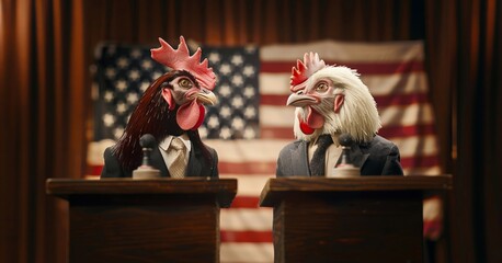 Creative digital illustration of two chickens in business suits engaging in a debate, set against an American flag backdrop.