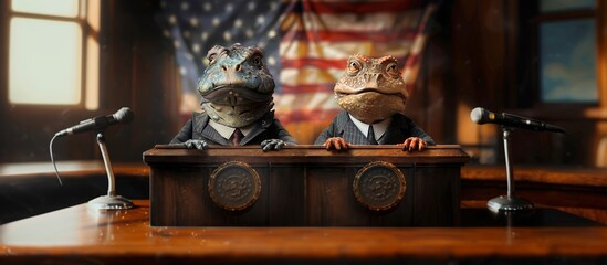 Surreal illustration of two toads in business suits, participating in a political debate against an American flag backdrop.