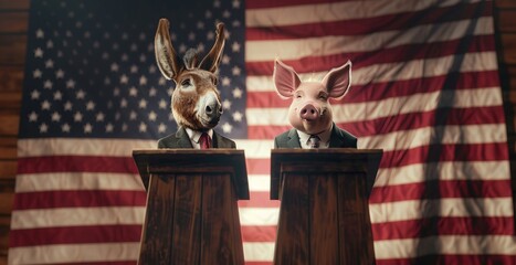 Illustration of a donkey and a pig in suits, engaged in a political debate in front of an American flag backdrop.