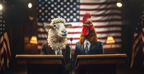 Digital art of a sheep and rooster in business suits, debating at podiums with American flags in the background.