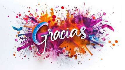 Gracias - Thank you in Spanish language. Modern calligraphy lettering text on multicolored watercolor paint splash background.