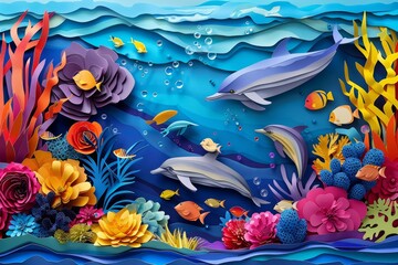 Creative paper art of a fantastical underwater scene featuring colorful coral reefs and playful dolphins, using vibrant and solid colors to bring the lively aquatic world to life