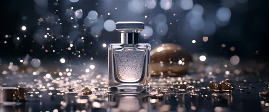 Luxurious perfume presentation on a flat, glamorous silver glitter background,
