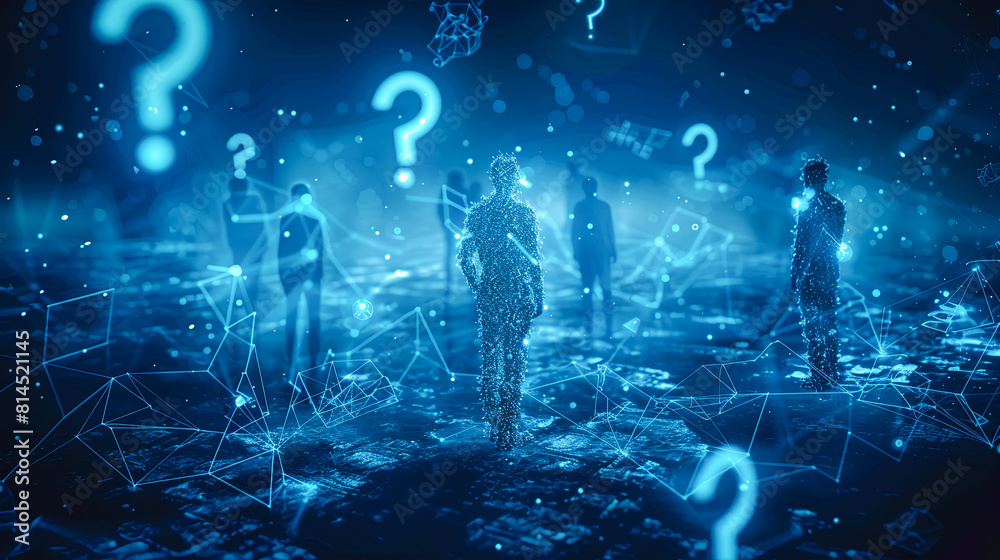 Poster conceptual image of group of people with question marks around. 3d rendering