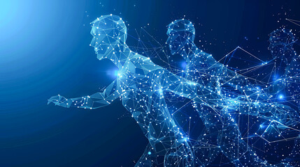 Abstract polygonal man running on a dark blue background. The concept of sport, fitness, healthy lifestyle.