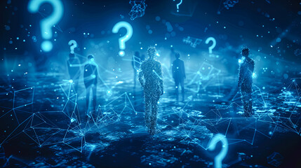 Conceptual image of group of people with question marks around. 3d rendering