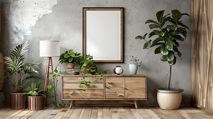 empty frame mockup on wall in modern bohemian interior with plants and wooden furniture