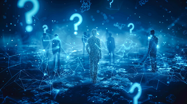Conceptual image of group of people with question marks around. 3d rendering