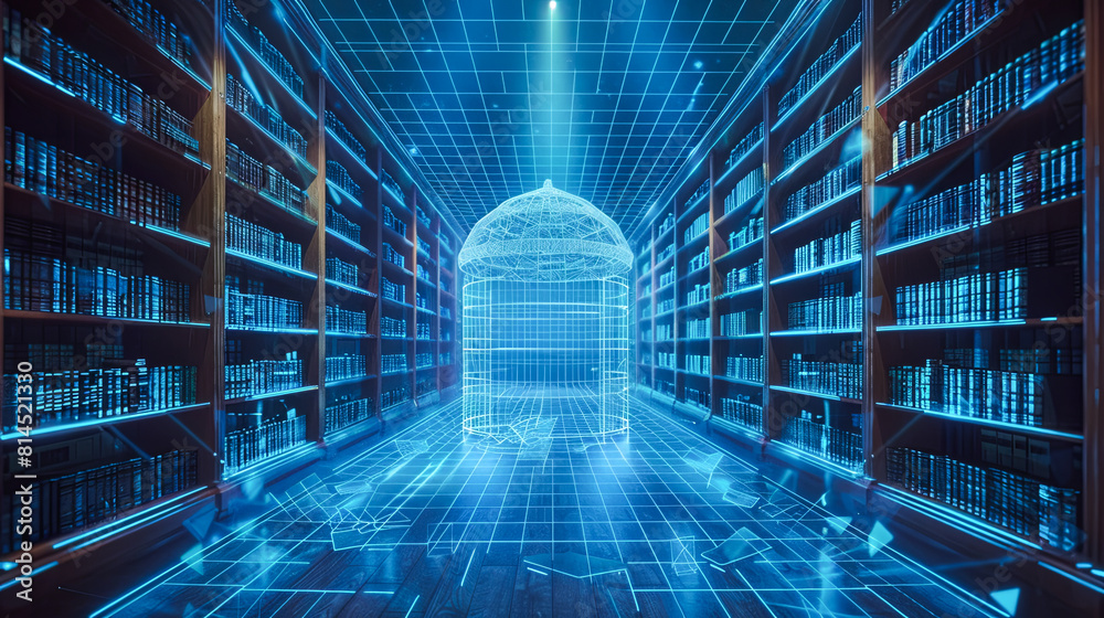 Poster abstract blue background with glowing sphere and rows of books. 3d rendering