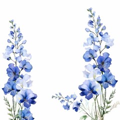 delphinium themed frame or border for photos and text. with tall spikes of blue flowers. watercolor illustration,  flowers frame,botanical border. elegant wedding arrangement, blue blossom flowers.