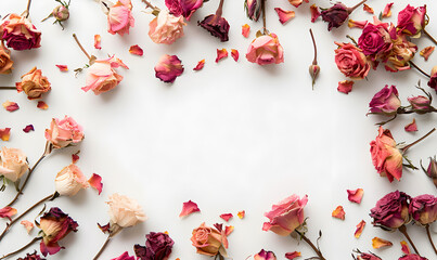 Frame made of beautiful roses and petals on white background, top view. 
