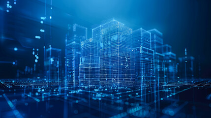 Abstract 3d rendering of skyscrapers on blue background. Technology and innovation concept.