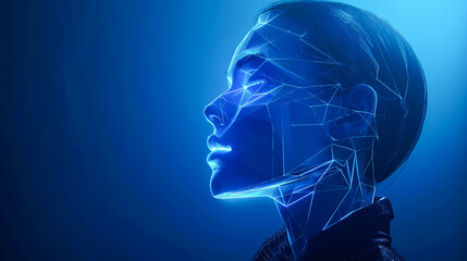 Obraz premium 3D rendering of a female cyborg head on a blue background