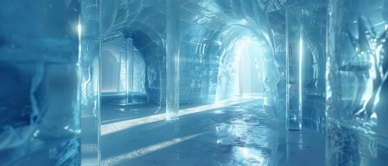 Inside an ice hotel, a frame mockup encased in clear, icy walls reflects the shimmering cold light, creating a surreal and frozen art installation in 3D