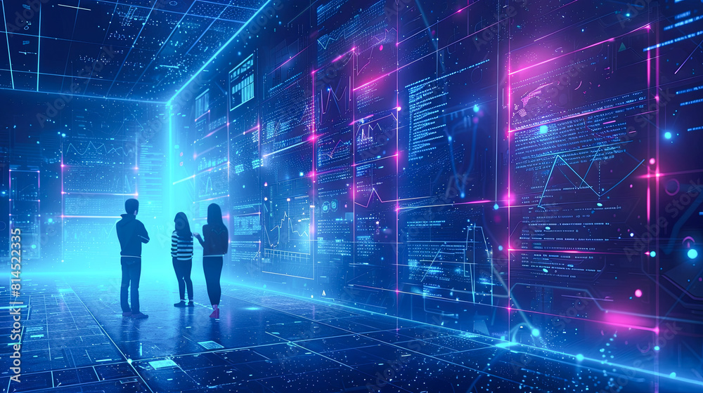 Poster silhouettes of business people in front of glowing blue background with binary code. 3d rendering