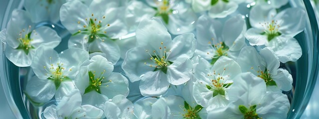 Close up of white spring blossoming apple tree flowers floating in aroma bowl of water. Spa and wellness concept. Long wide banner