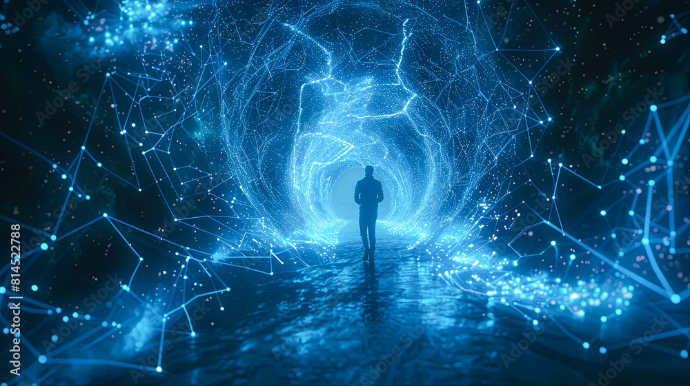 Wall mural silhouette of a man in front of a glowing wireframe tunnel - Wall murals