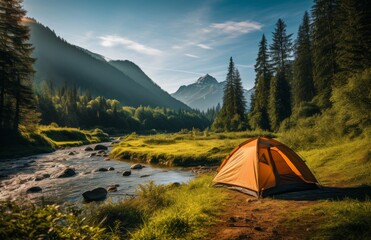 Tent Set Up on River Bank