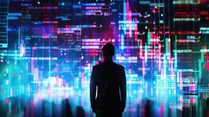 A trader's silhouette against a futuristic backdrop of virtual screens displaying dynamic candlestick graphs, emphasizing the integration of technology in trading. 
