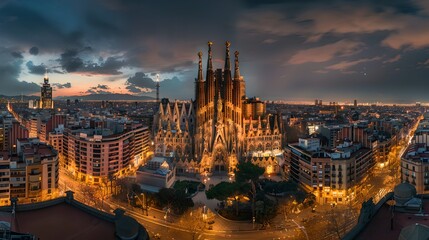 Breathtaking sunset over iconic European cathedral in a bustling city. Aerial cityscape capturing history and modern life. Perfect backdrop for travel and culture themes. AI