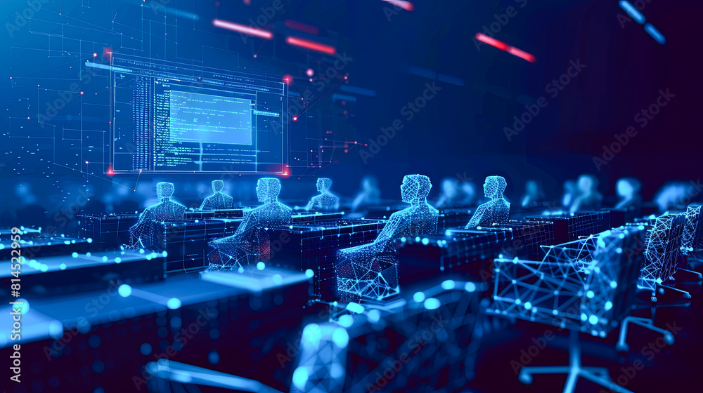 Poster 3d rendering of business people sitting in a row and working on computers