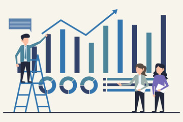 Fototapeta premium Business people standing on ladder and analysing business graph. Vector illustration flat design