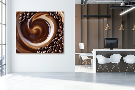 Abstract coffee bean swirl canvas, suitable for a modern office or living space, symbolizing energy and the dynamic flow of ideas stimulated by caffeine 