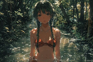 Fototapeta premium Cute Anime Woman in Water Dress with Braided Green Hair in Enchanted Forest